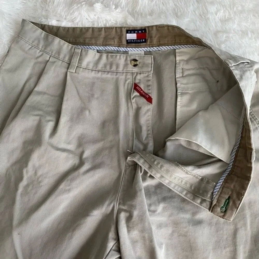 Tommy Hillfiger Vintage Pleated Chinos Casual Cotton Pants Beige Size 38X30